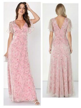 Lulus Dreamiest Desires Pink Floral Flutter Sleeve Maxi Dress Size Large New